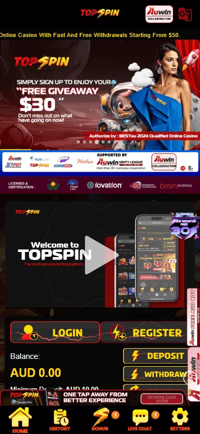 Topspin Casino home interface on mobile