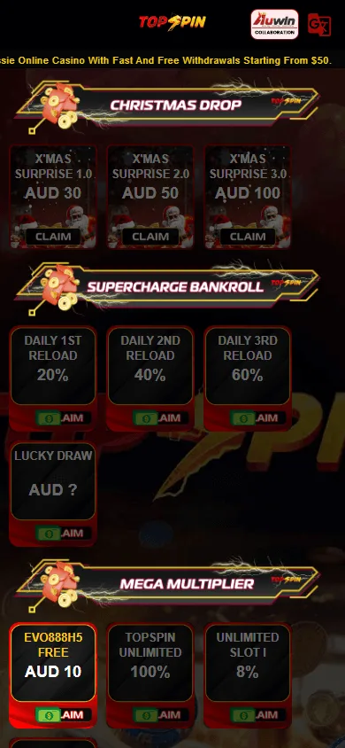 Topspin Casino promotions interface on mobile