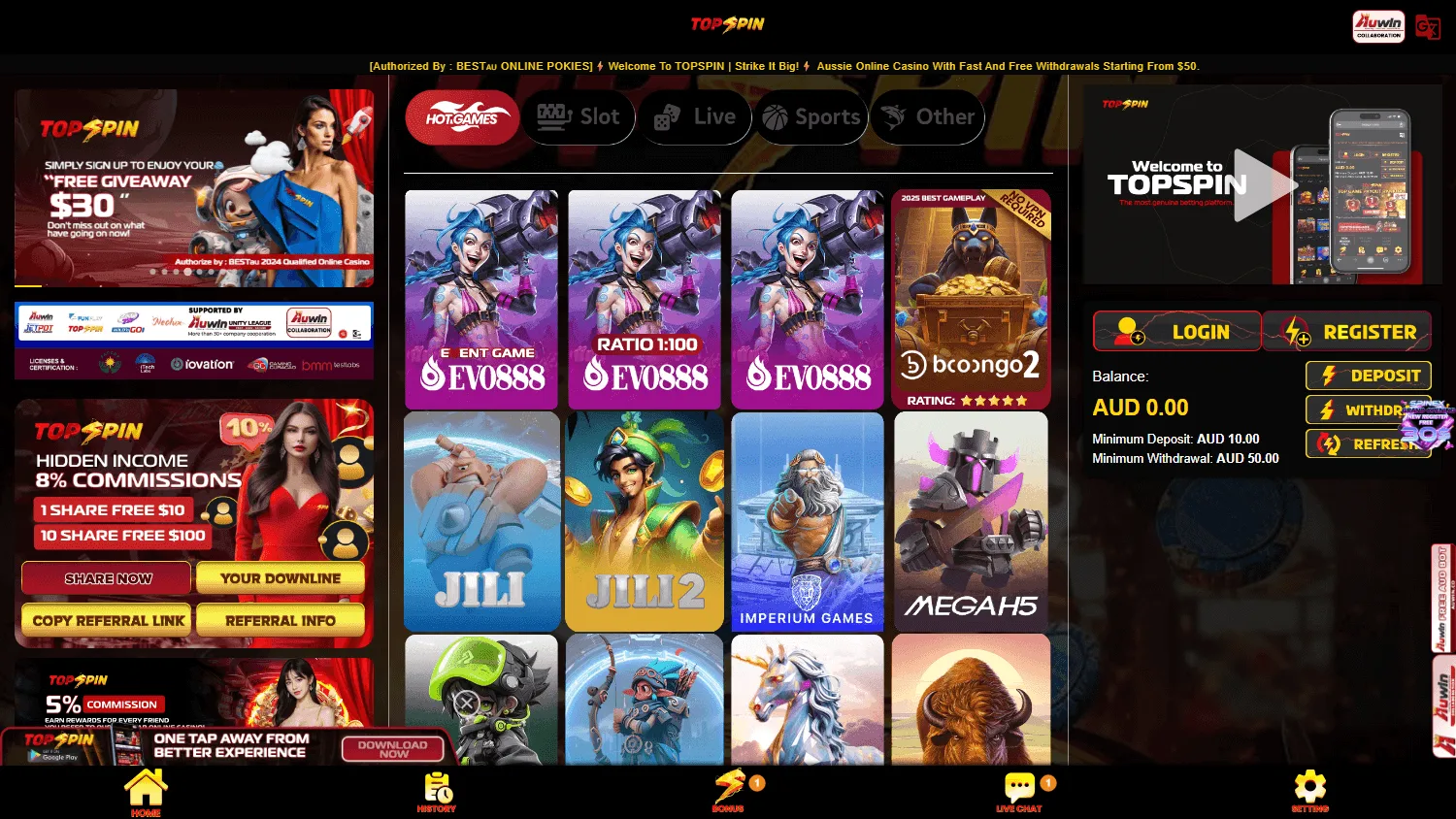 Topspin Casino home interface on desktop